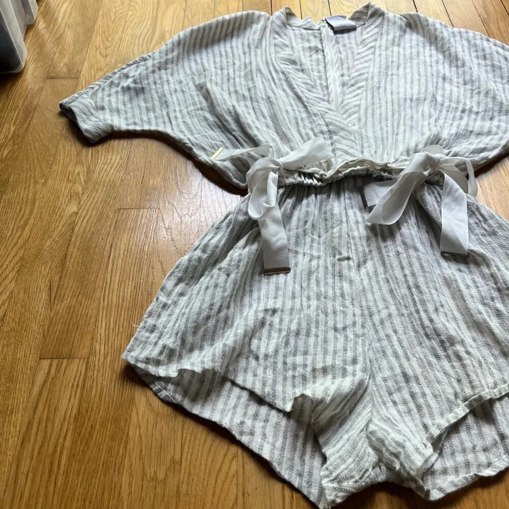 Acler Size 2 Tan & Cream Preston Deep V Striped Linen Paperbag Romper - Picture 10 of 16
